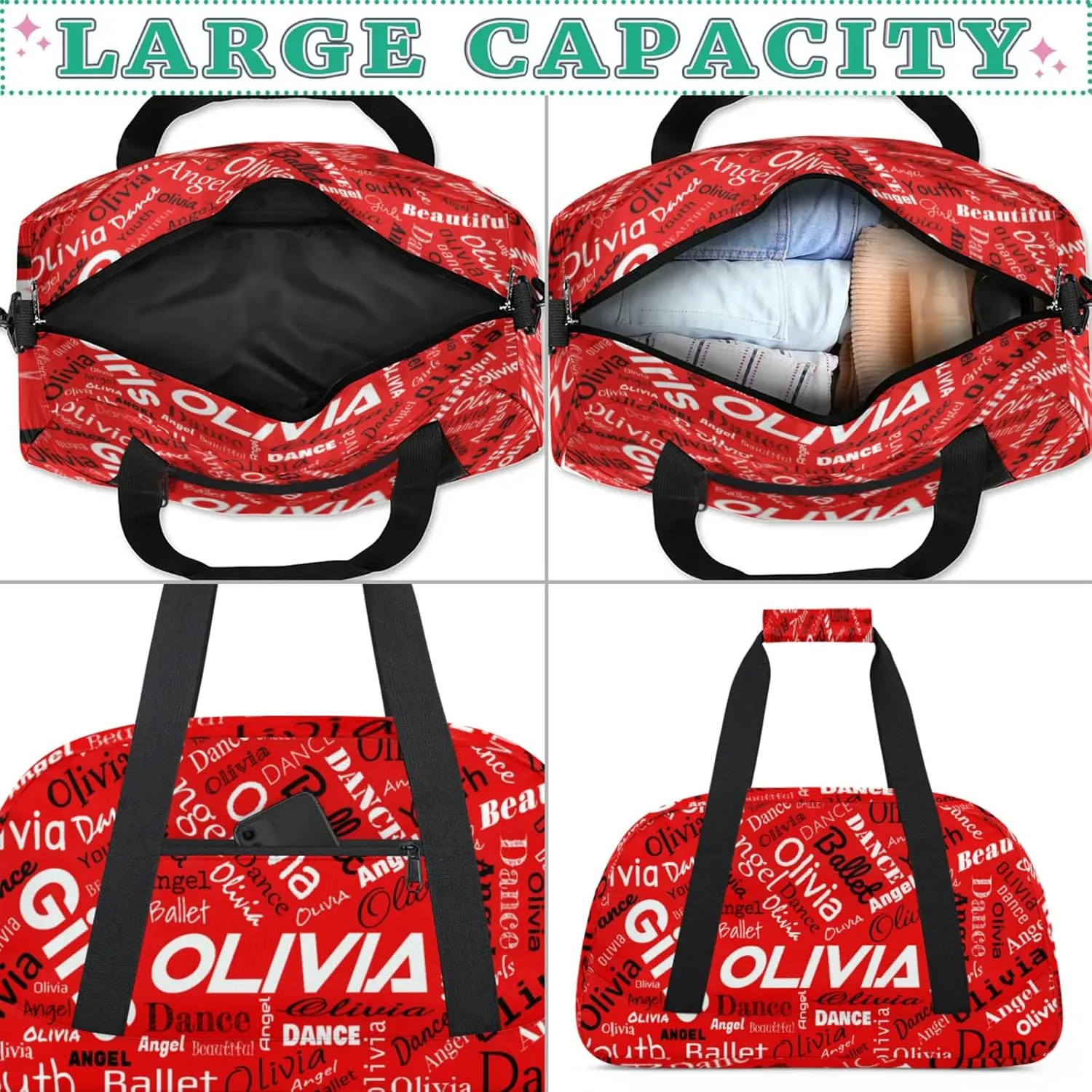 Personalized Name Gym Duffel Overnight Bag, Custom Ballet Dance Bag Weekender Duffel Bags for Travel, Coral Red A