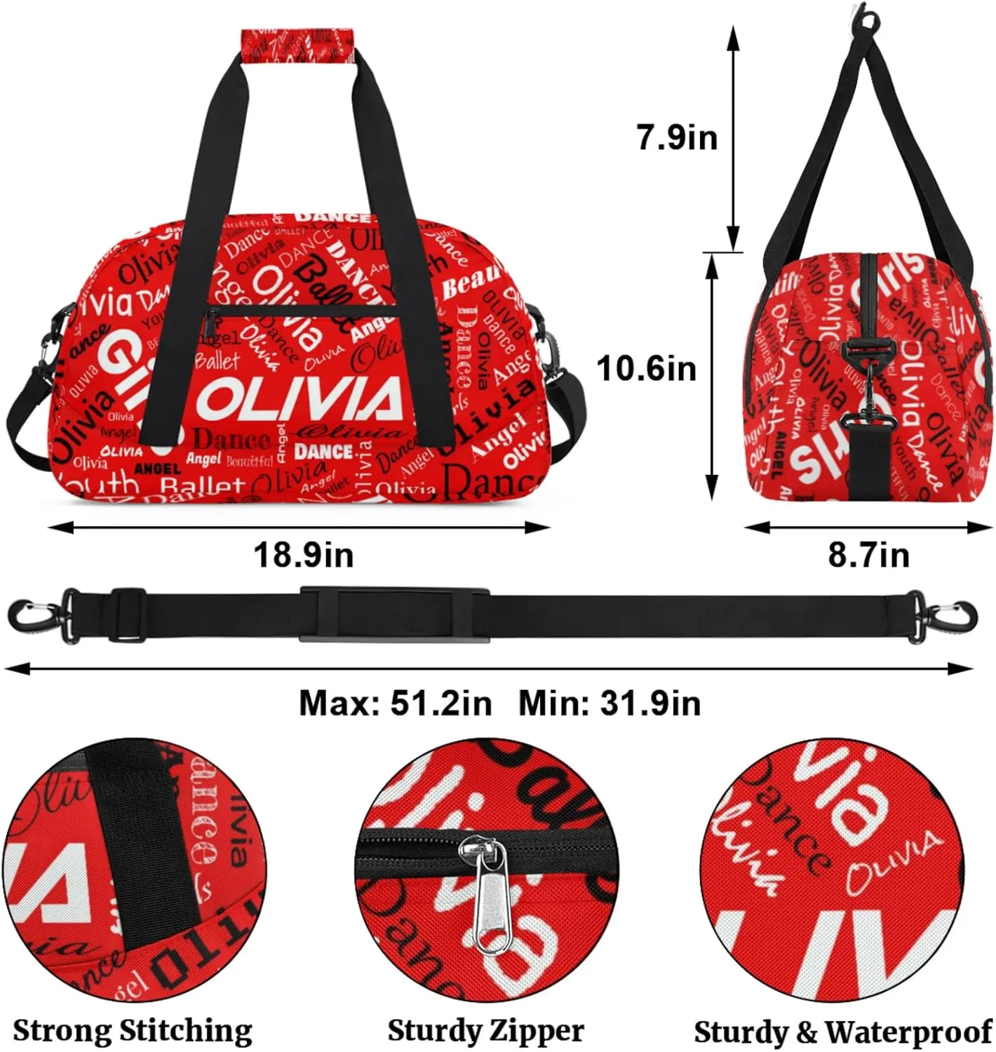 Personalized Name Gym Duffel Overnight Bag, Custom Ballet Dance Bag Weekender Duffel Bags for Travel, Coral Red A