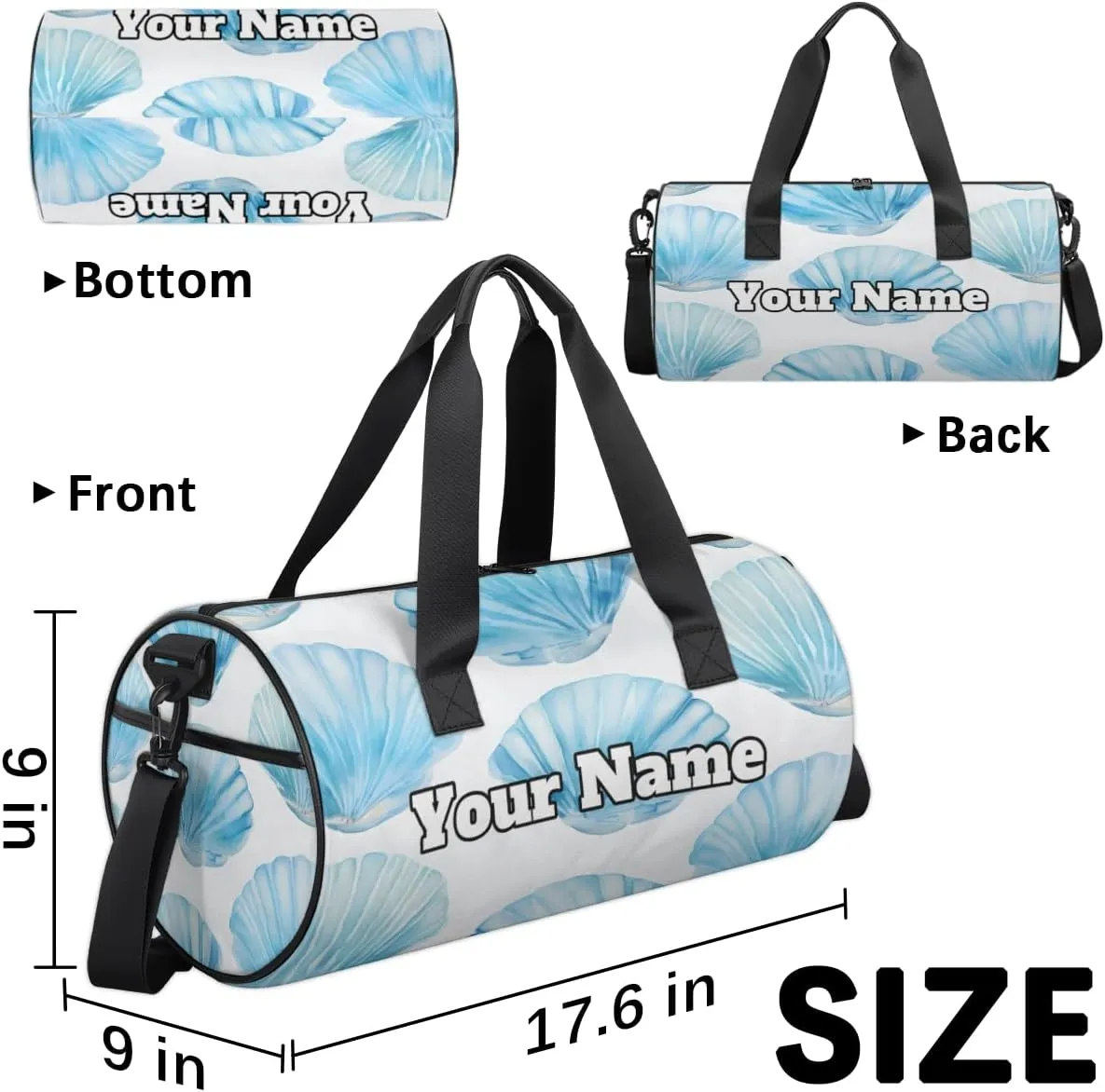 Personalized Seashell Sport Gym Bag, Custom Name Duffel Bags for Men, Waterproof Custom Sport Duffel Bag, Gymnastics Dance, Blue Seashell