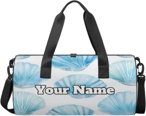 Personalized Seashell Sport Gym Bag, Custom Name Duffel Bags for Men, Waterproof Custom Sport Duffel Bag, Gymnastics Dance, Blue Seashell