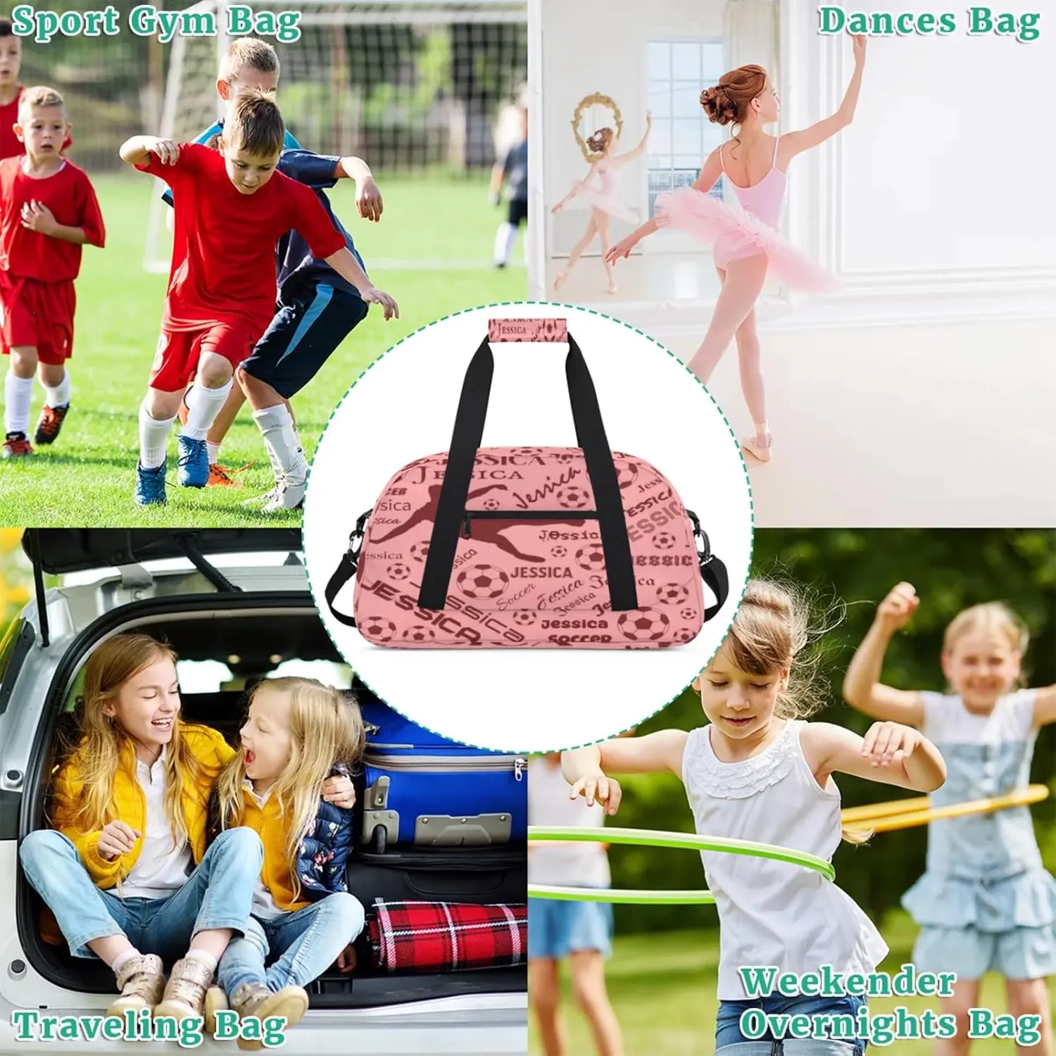 Personalized Soccer Sports Duffel Bag for Women, Custom Travel Gym Bags Birthday Gifts with Your Name, Cheer Dance Overnight Weekender Bag Coral Red