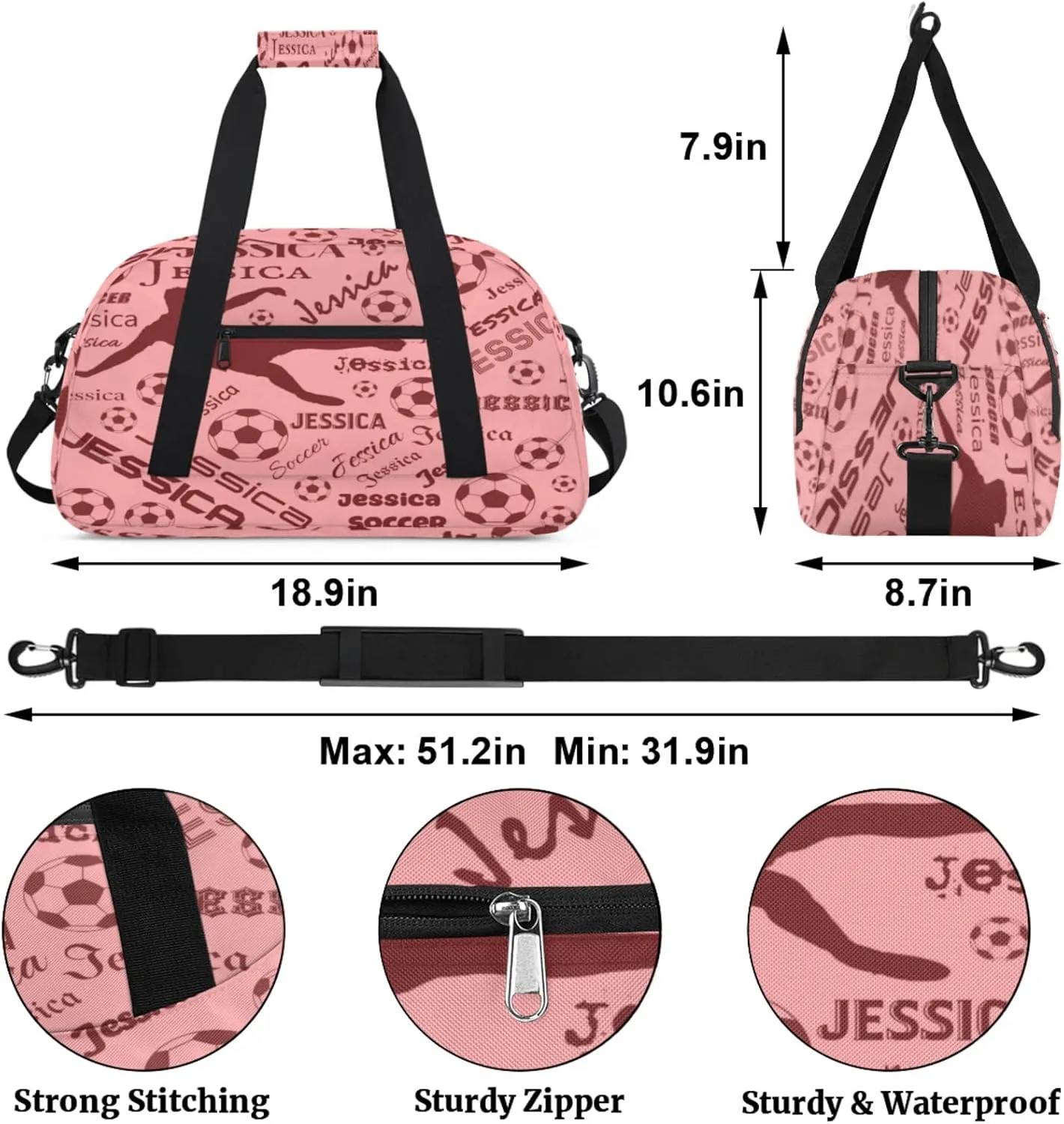 Personalized Soccer Sports Duffel Bag for Women, Custom Travel Gym Bags Birthday Gifts with Your Name, Cheer Dance Overnight Weekender Bag Coral Red