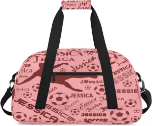 Personalized Soccer Sports Duffel Bag for Women, Custom Travel Gym Bags Birthday Gifts with Your Name, Cheer Dance Overnight Weekender Bag Coral Red