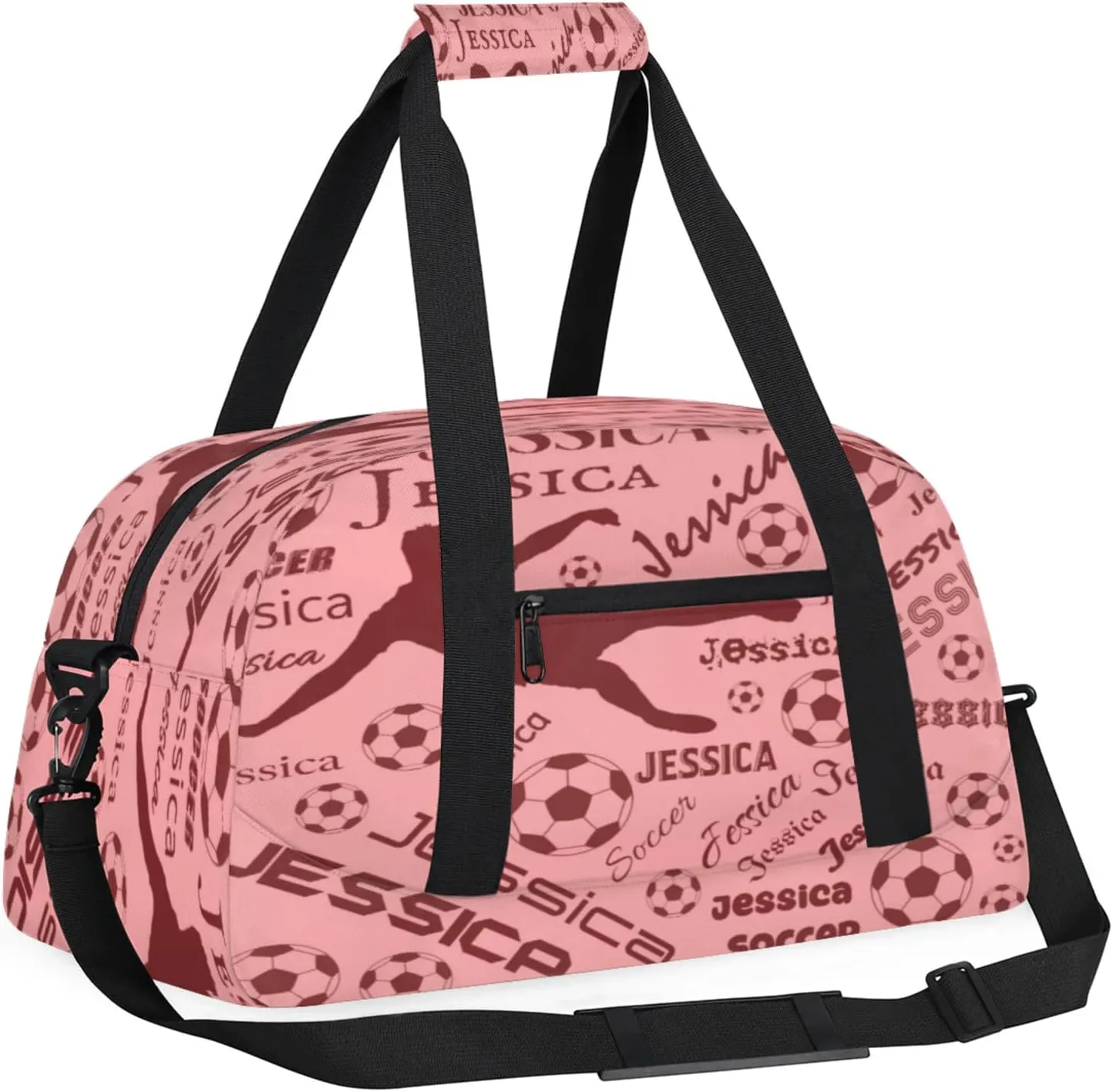 Personalized Soccer Sports Duffel Bag for Women, Custom Travel Gym Bags Birthday Gifts with Your Name, Cheer Dance Overnight Weekender Bag Coral Red