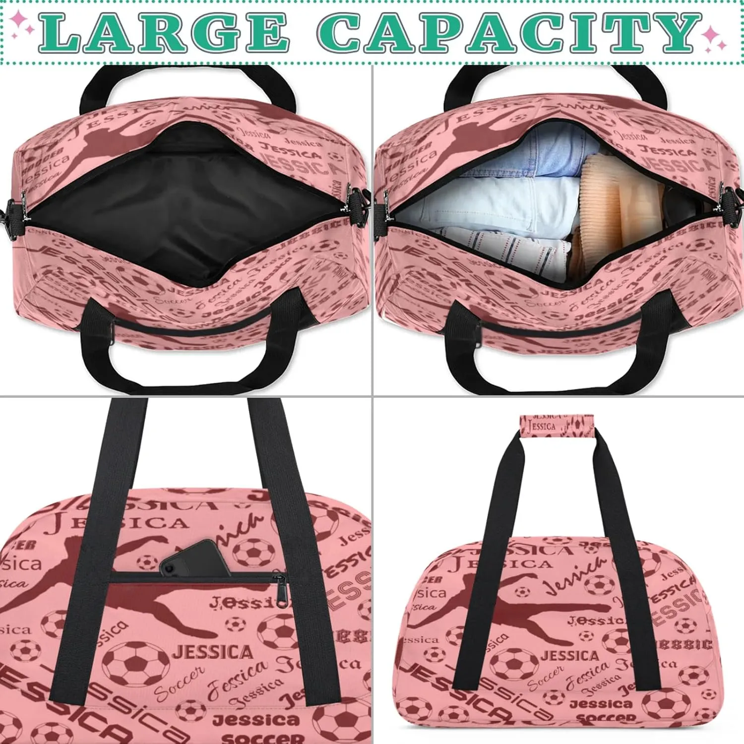 Personalized Soccer Sports Duffel Bag for Women, Custom Travel Gym Bags Birthday Gifts with Your Name, Cheer Dance Overnight Weekender Bag Coral Red