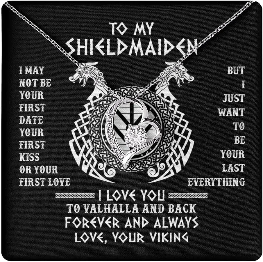 Personalized To My Shieldmaiden Necklace I Love You to Valhalla and Back Viking Jewelry For Women Birthday Wife Girlfriend Anniversary Customized Message Card