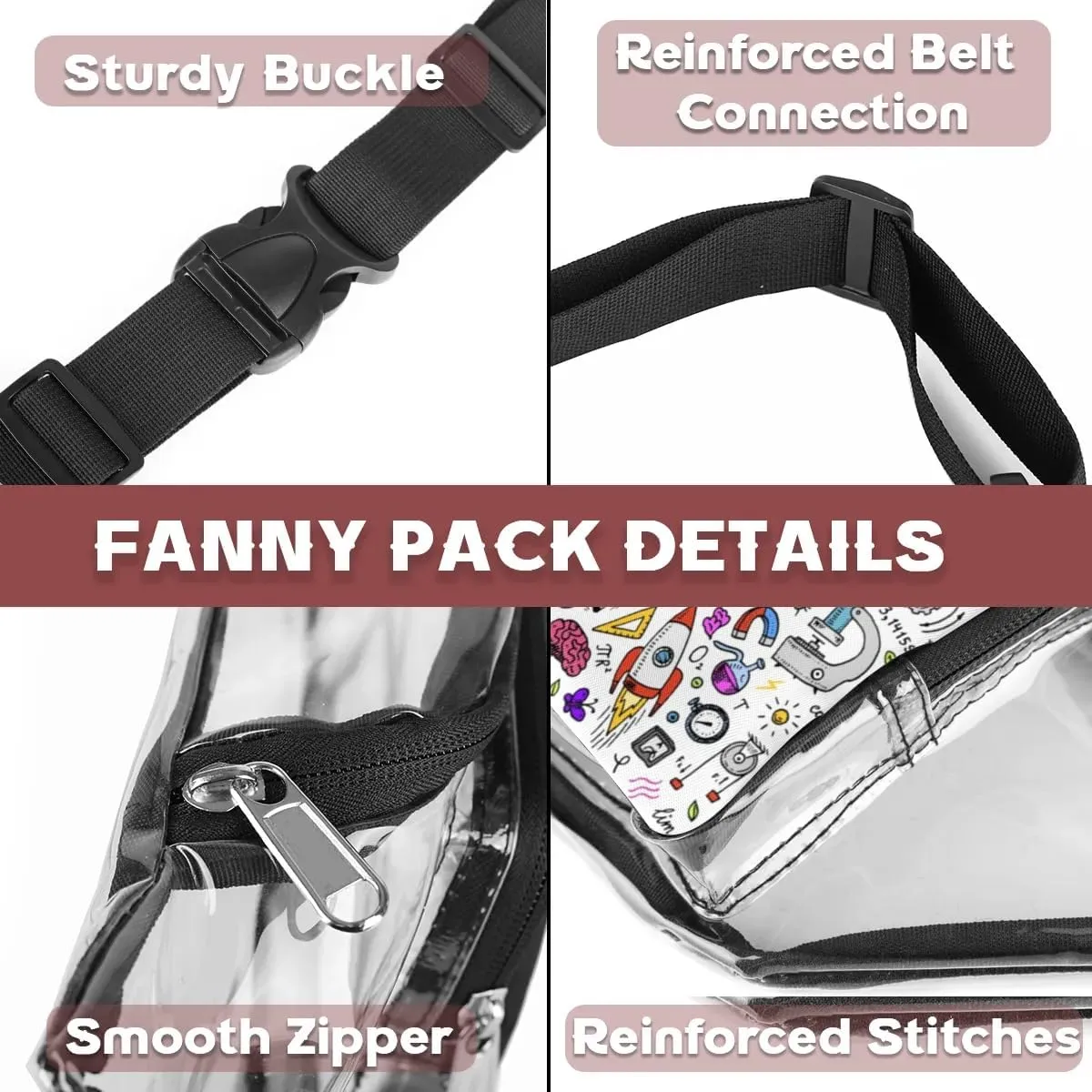 Physics Mathematics Scientific Formulas Clear Fanny Pack Stadium Approved Clear Crossbody Belt Bag for Women Men Transparent Waist Bag with Adjustable Strap for Concerts Sports Events Travel