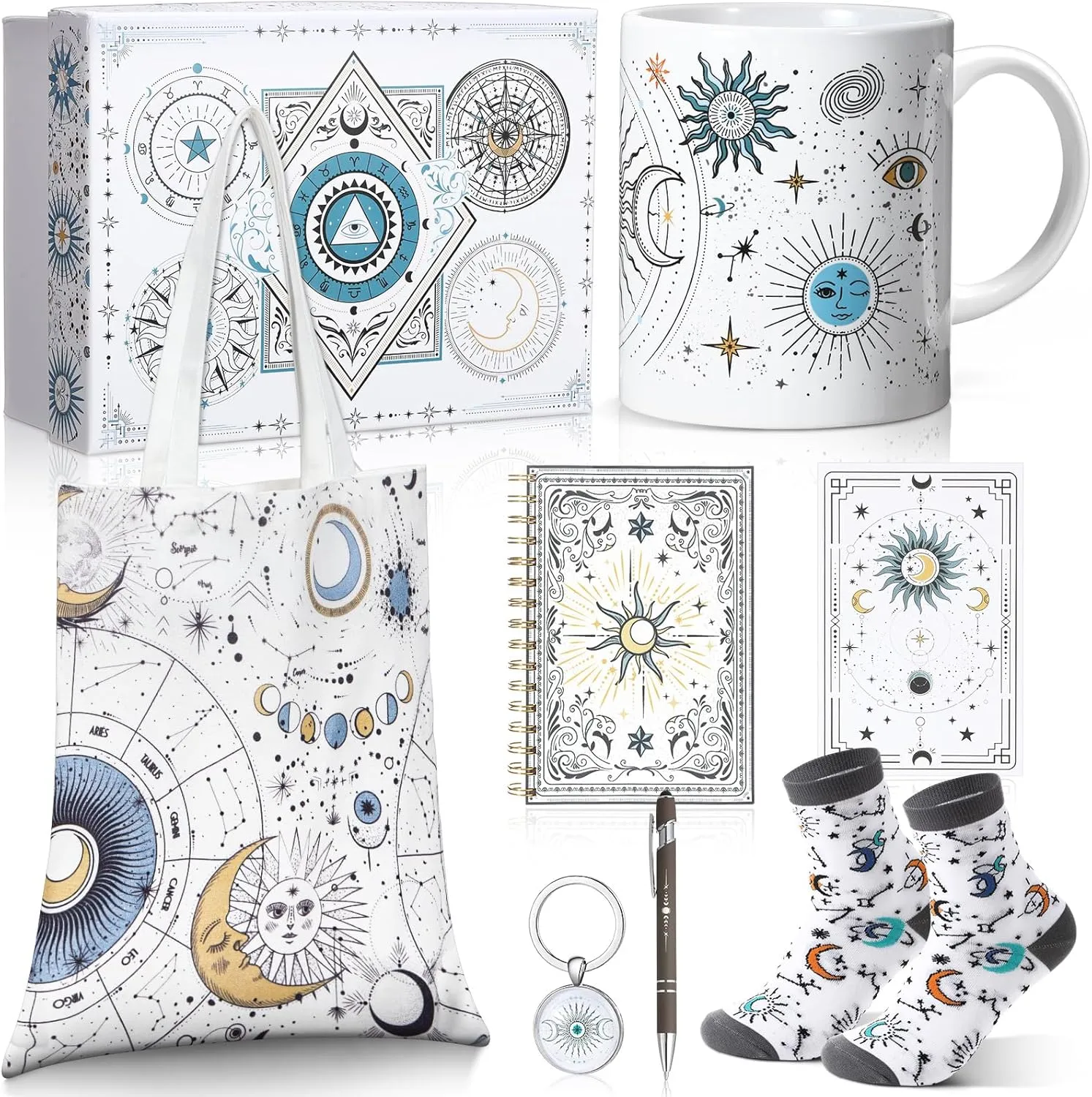 Pickmesh Fortune Telling Lovers Gift Box Set, Including Aesthetic Canvas Tote Bag, Sun and Moon Themed Coffee Mug, Keychain, Socks, Notebook, Pen, Card, Gift Box, 2025 Graduation Gifts for Women