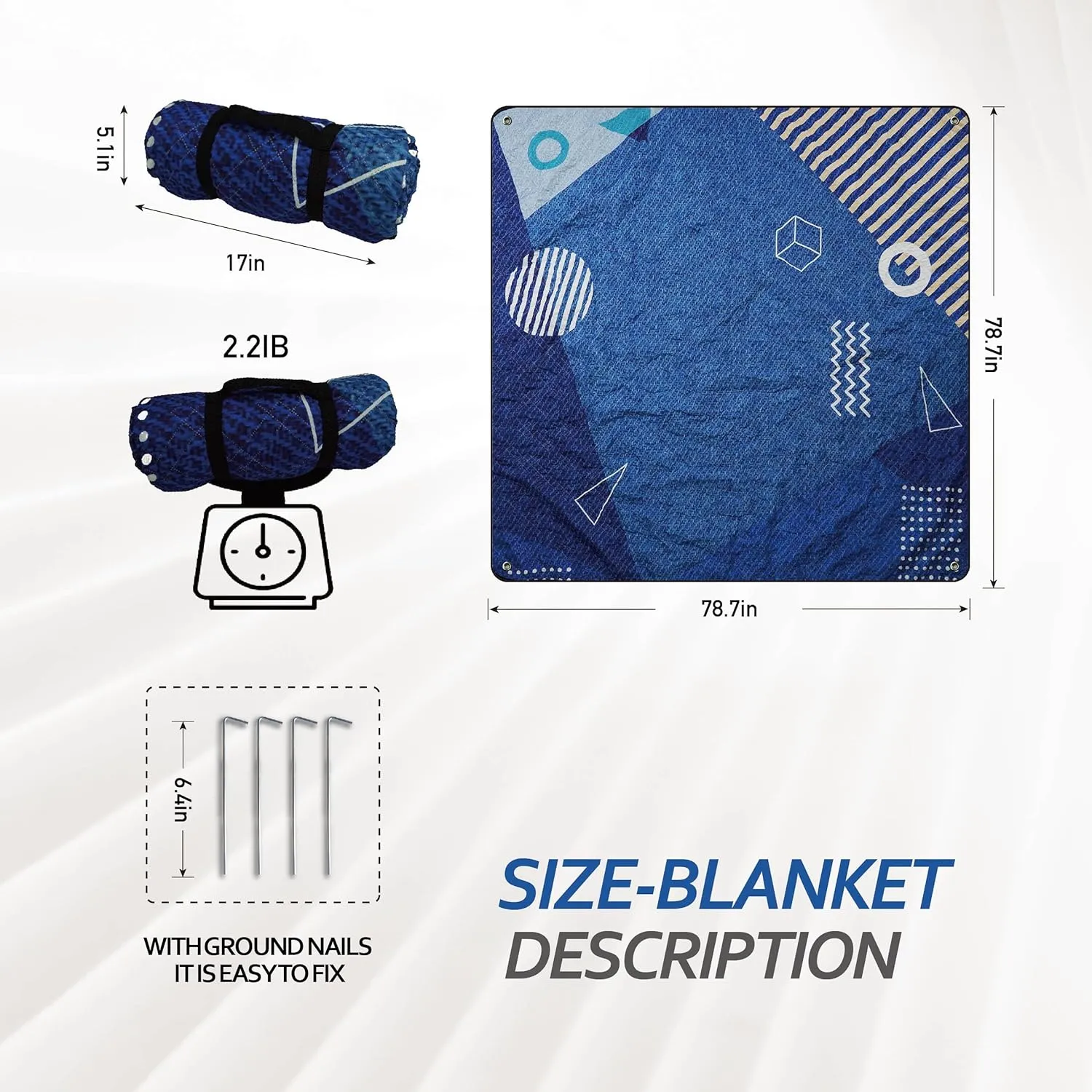 Picnic Blanket, Waterproof Beach and Lawn Mat, Portable with Carrying Handle (78.74in, Geometric)