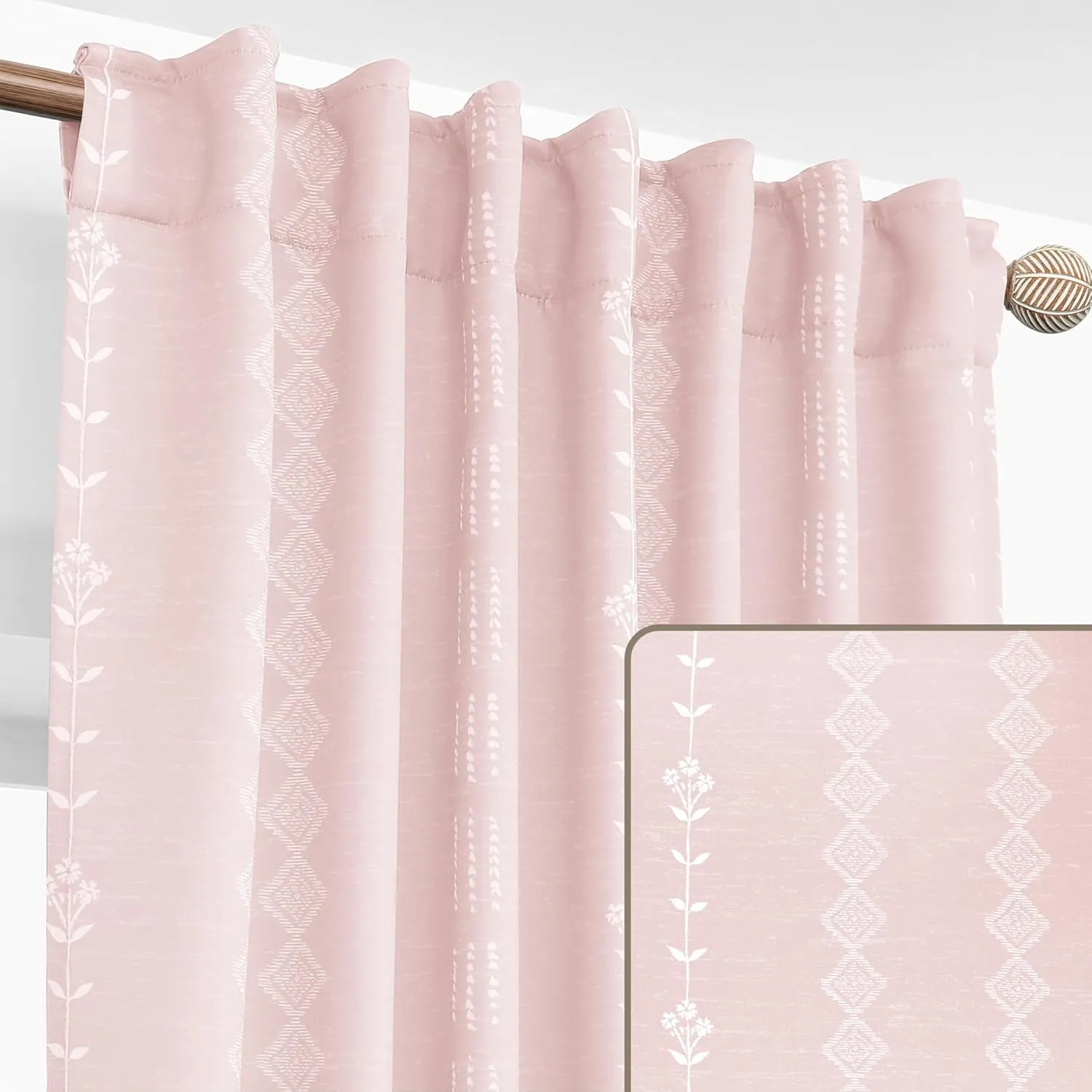 Pink Blackout Curtains 2 Panels for Bedroom Girls Room Nursery,Boho Floral Patterned Shabby Chic Decorative Cute Curtains for Open Closet Preppy Coquette Room Decor Aesthetic for Women Teen Girl
