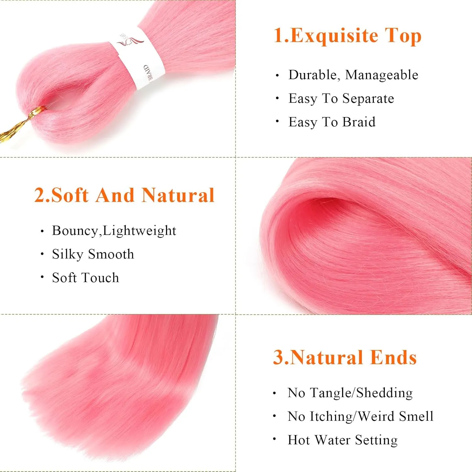 Pink Braiding Hair 24Inch 8 Packs Braiding Hair Pre Stretched Long Braiding Hair For Twist Or Box Braids Pre Stretched Braiding Hair For Crochet Braids Hot Water Setting Soft Yaki Texture(24Inch,Pink)