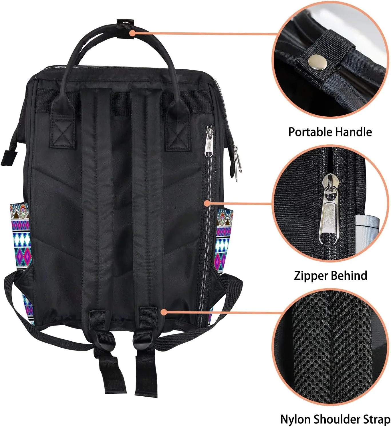 Pink Vintage Bohemian Abstract Ethnic Geometric Print Diaper Bag Backpack, waterproof backpack Baby Nappy Changing Bags Laptop Backpack for Travel, Large Capacity, Durable and Stylish for Woman and Men.