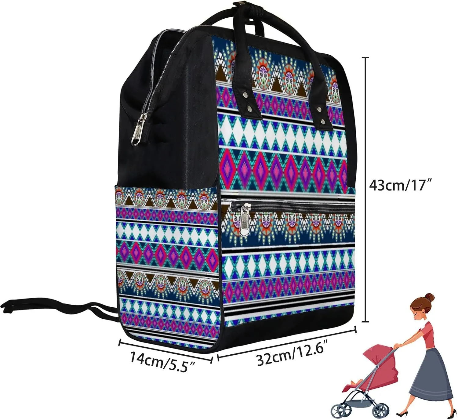 Pink Vintage Bohemian Abstract Ethnic Geometric Print Diaper Bag Backpack, waterproof backpack Baby Nappy Changing Bags Laptop Backpack for Travel, Large Capacity, Durable and Stylish for Woman and Men.