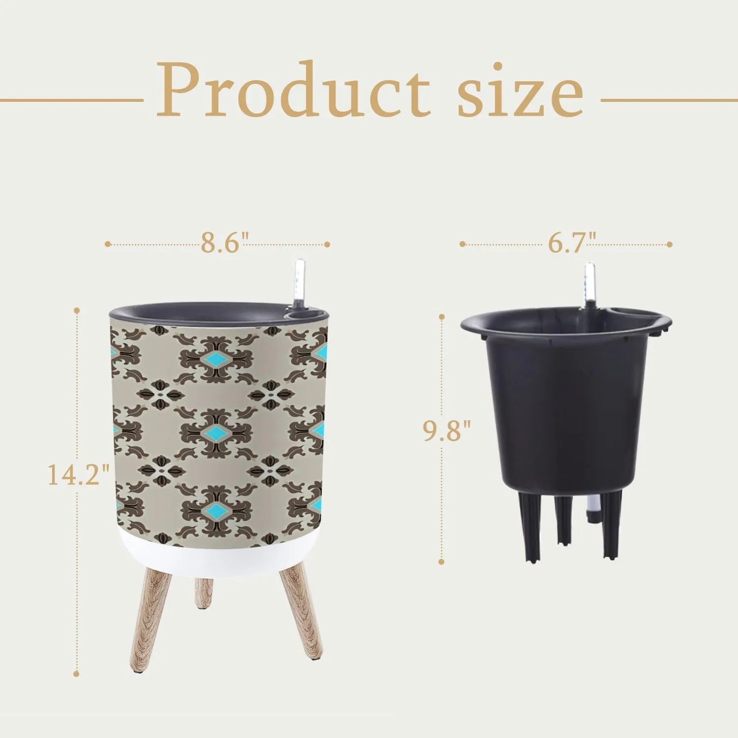 Planter with Stand Modern masculin geometric motif pattern light grey brown fabric Small 8.6" Self Watering Plant Pot with Legs Water Level Indicator & Water Inlet Lazy Flower Pot Indoor Modern Decor