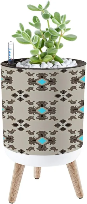 Planter with Stand Modern masculin geometric motif pattern light grey brown fabric Small 8.6" Self Watering Plant Pot with Legs Water Level Indicator & Water Inlet Lazy Flower Pot Indoor Modern Decor