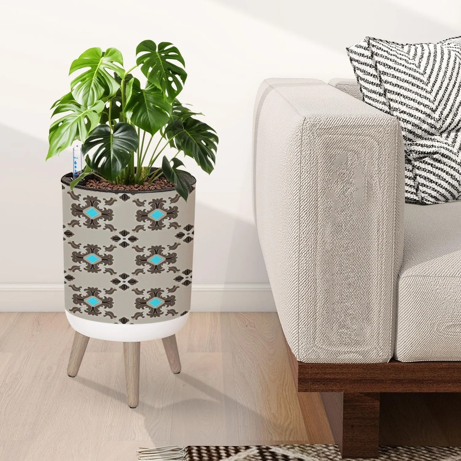 Planter with Stand Modern masculin geometric motif pattern light grey brown fabric Small 8.6" Self Watering Plant Pot with Legs Water Level Indicator & Water Inlet Lazy Flower Pot Indoor Modern Decor