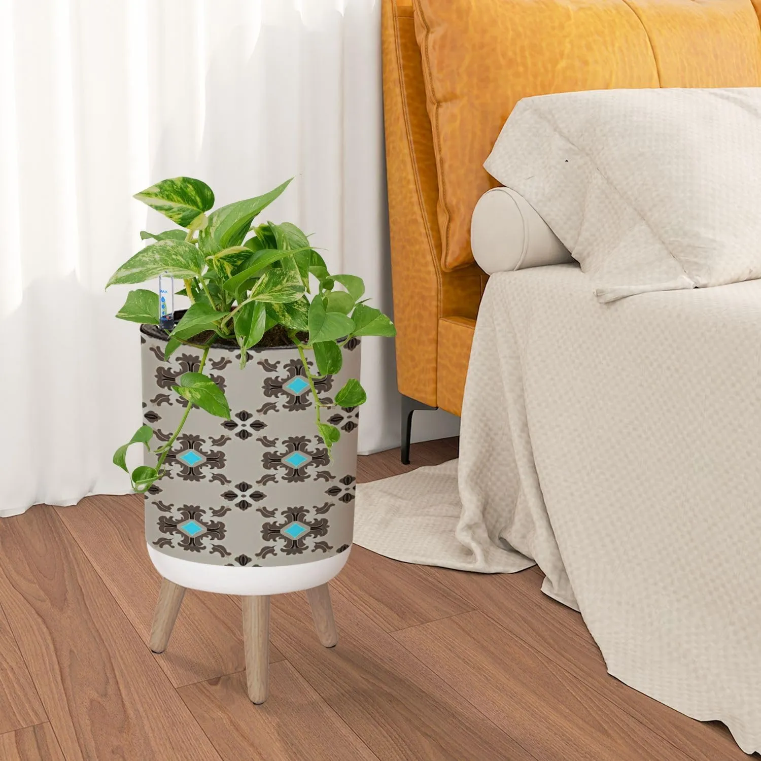 Planter with Stand Modern masculin geometric motif pattern light grey brown fabric Small 8.6" Self Watering Plant Pot with Legs Water Level Indicator & Water Inlet Lazy Flower Pot Indoor Modern Decor