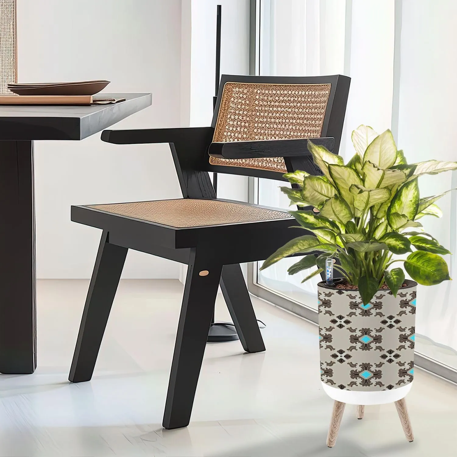 Planter with Stand Modern masculin geometric motif pattern light grey brown fabric Small 8.6" Self Watering Plant Pot with Legs Water Level Indicator & Water Inlet Lazy Flower Pot Indoor Modern Decor