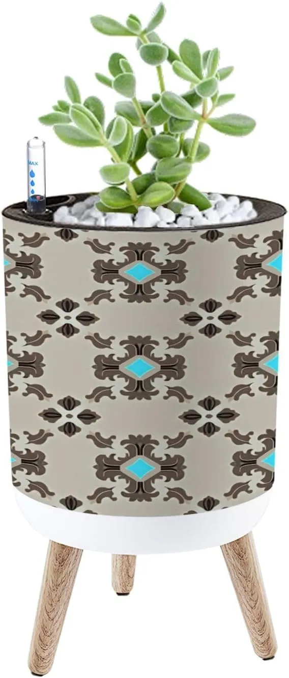 Planter with Stand Modern masculin geometric motif pattern light grey brown fabric Small 8.6" Self Watering Plant Pot with Legs Water Level Indicator & Water Inlet Lazy Flower Pot Indoor Modern Decor