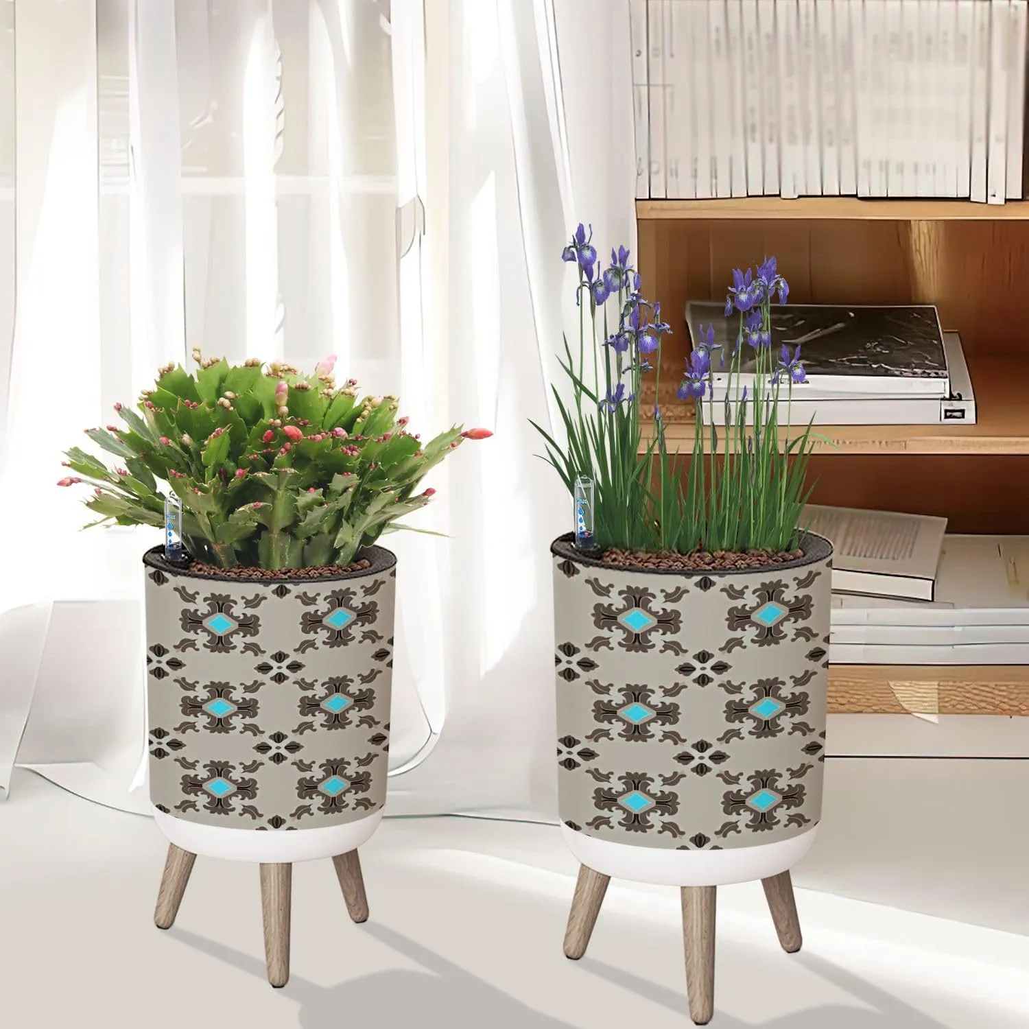 Planter with Stand Modern masculin geometric motif pattern light grey brown fabric Small 8.6" Self Watering Plant Pot with Legs Water Level Indicator & Water Inlet Lazy Flower Pot Indoor Modern Decor