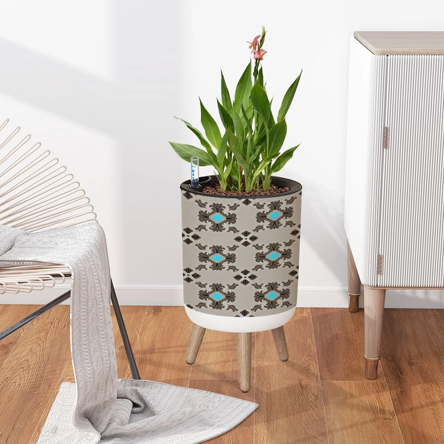 Planter with Stand Modern masculin geometric motif pattern light grey brown fabric Small 8.6" Self Watering Plant Pot with Legs Water Level Indicator & Water Inlet Lazy Flower Pot Indoor Modern Decor