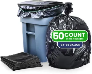 Plasticplace Black Trash Bags (50 Count): Heavy-Duty 64-65 Gallon Garbage Bags, Trash Can Liners, 1.5 Mil for Toter, Perfect Garbage Bag, 50” x 60”, Durable Can Liners