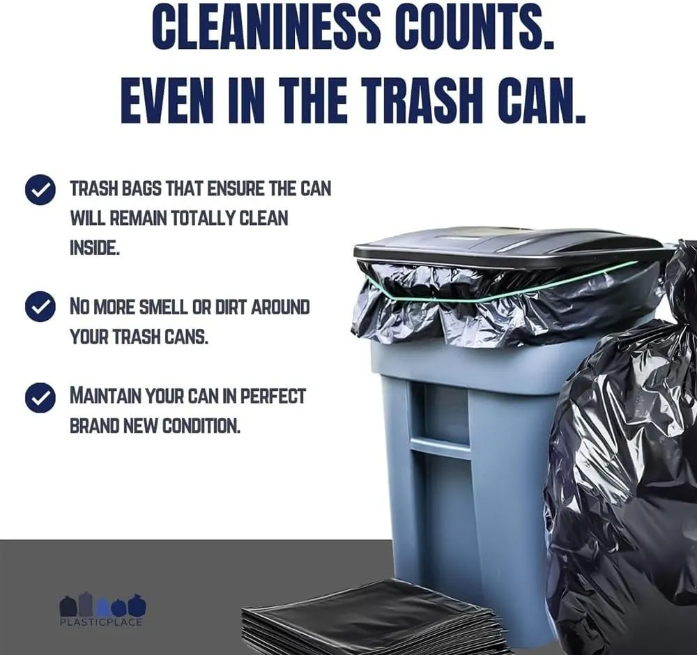 Plasticplace Black Trash Bags (50 Count): Heavy-Duty 64-65 Gallon Garbage Bags, Trash Can Liners, 1.5 Mil for Toter, Perfect Garbage Bag, 50” x 60”, Durable Can Liners