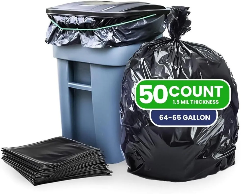 Plasticplace Black Trash Bags (50 Count): Heavy-Duty 64-65 Gallon Garbage Bags, Trash Can Liners, 1.5 Mil for Toter, Perfect Garbage Bag, 50” x 60”, Durable Can Liners