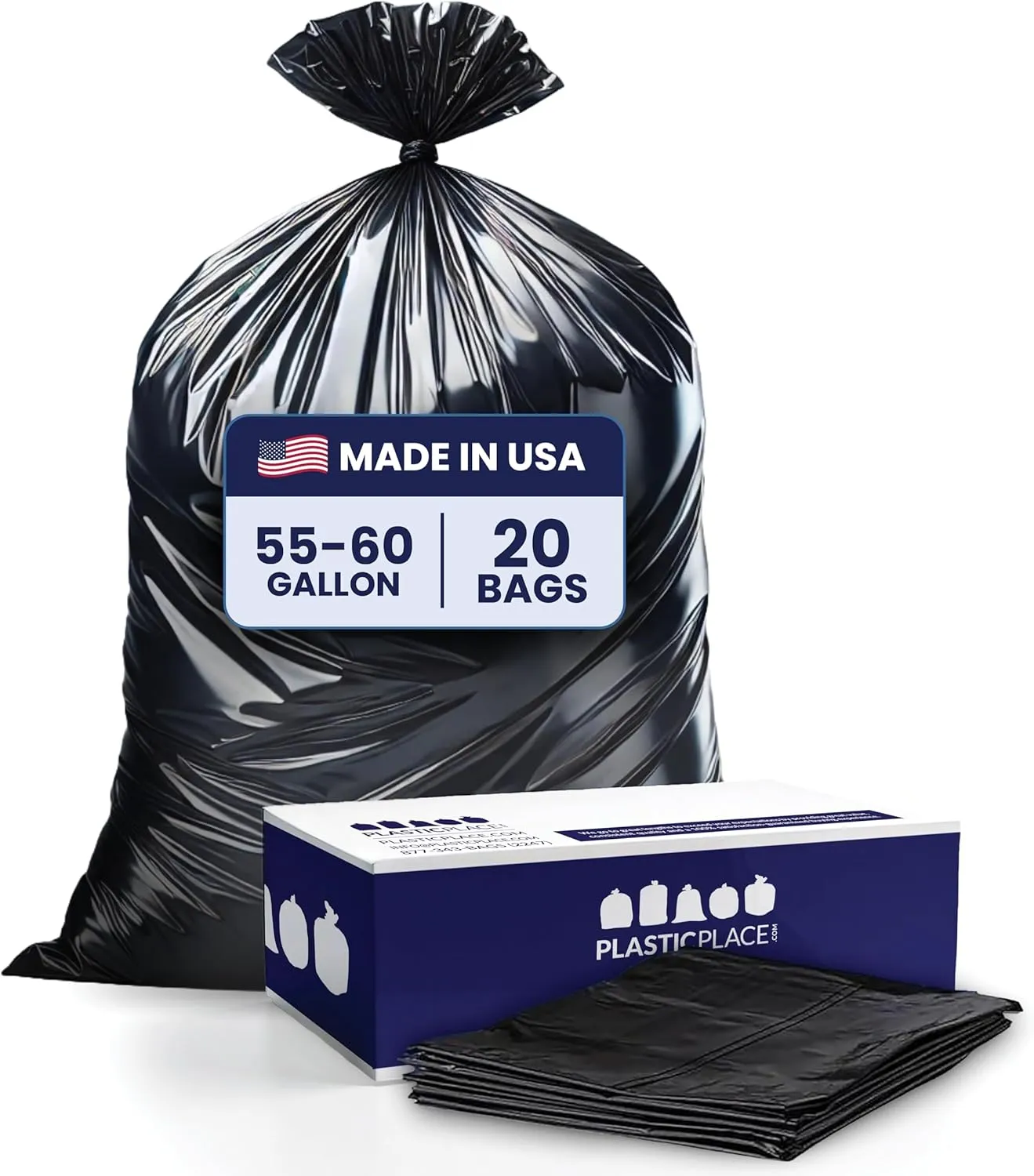 Plasticplace Contractor Garbage Bags: 55 Gallon Trash Bags Heavy Duty, Big Black Trash Bags, 36"x58", 6.0 Mil, Pack of 20