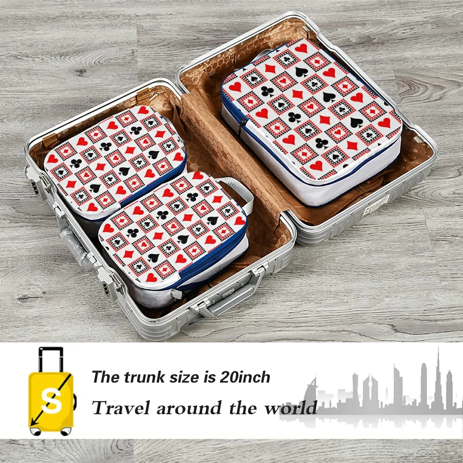 Playing Cards Bright Red, Black, White Symmetrical Geometric 3 Piece set Cubes Expandable Adjustable Luggage Packing Bags, Ultralight Organizer Accessories Travel Suitcase Compressible Bags