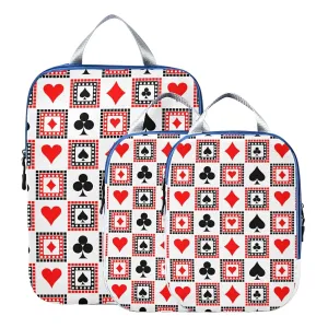 Playing Cards Bright Red, Black, White Symmetrical Geometric 3 Piece set Cubes Expandable Adjustable Luggage Packing Bags, Ultralight Organizer Accessories Travel Suitcase Compressible Bags