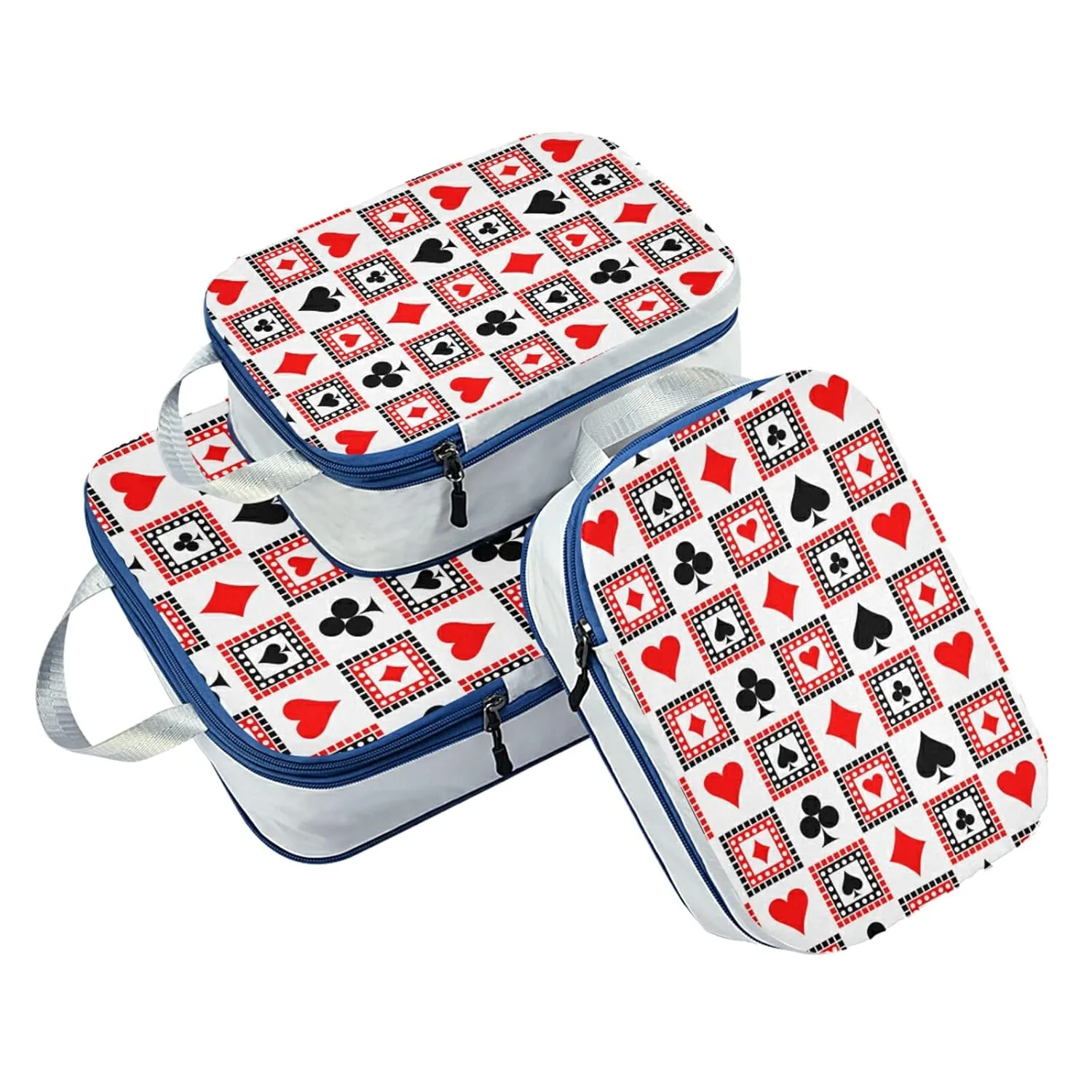 Playing Cards Bright Red, Black, White Symmetrical Geometric 3 Piece set Cubes Expandable Adjustable Luggage Packing Bags, Ultralight Organizer Accessories Travel Suitcase Compressible Bags