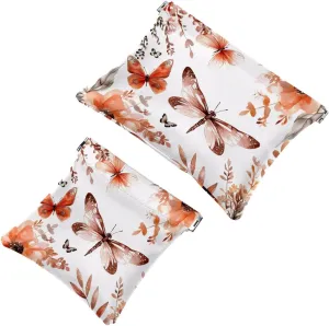 Pocket Cosmetic Bag Squeeze Top, Coral and Brown Colors Floral Butterflies Waterproof Travel Makeup Bag for Purse, Portable Mini Makeup Pouch No Zipper for Women