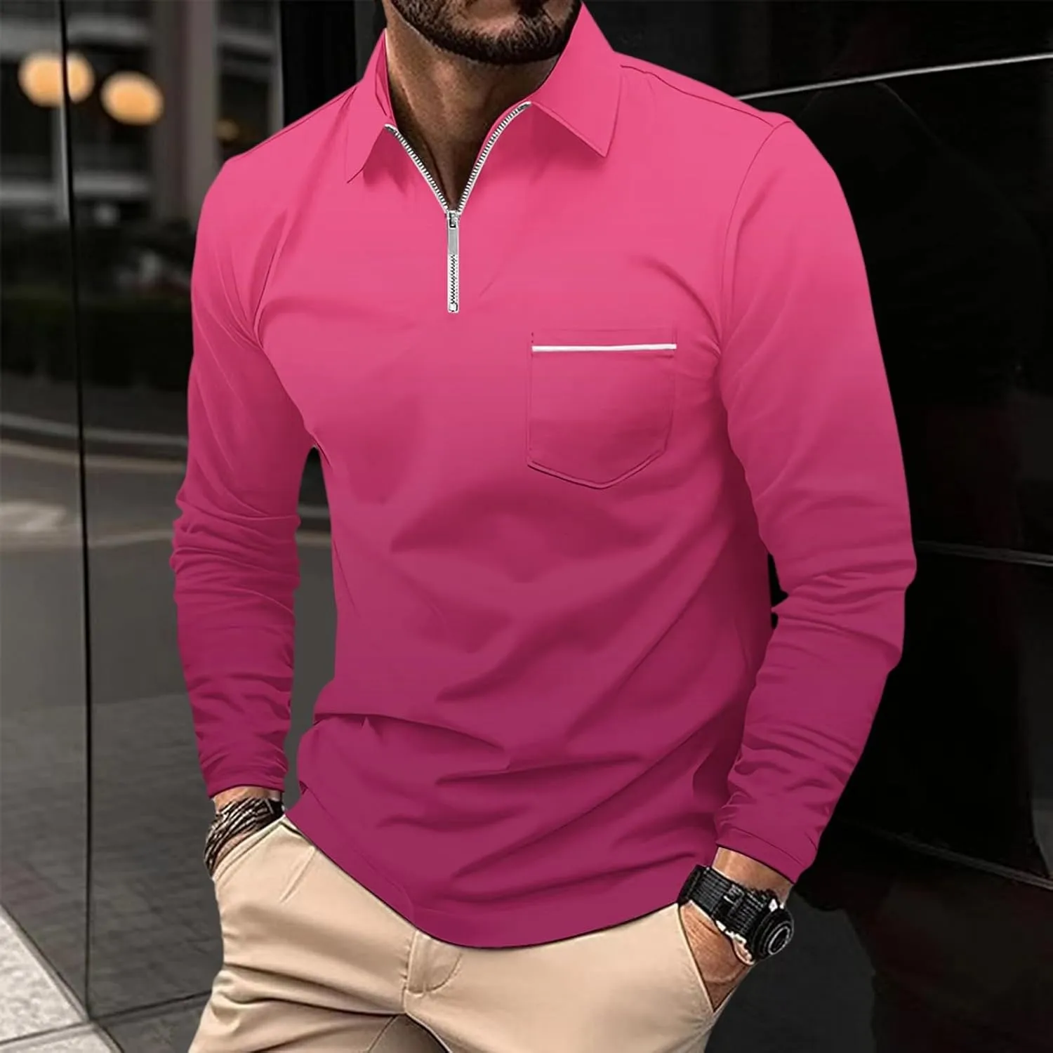 Polos for Men 2025 Casual Business Gradient Color Fashion Printing Long Sleeve Lapel Zipper Pocket Sports Shirt Mens
