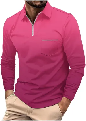 Polos for Men 2025 Casual Business Gradient Color Fashion Printing Long Sleeve Lapel Zipper Pocket Sports Shirt Mens