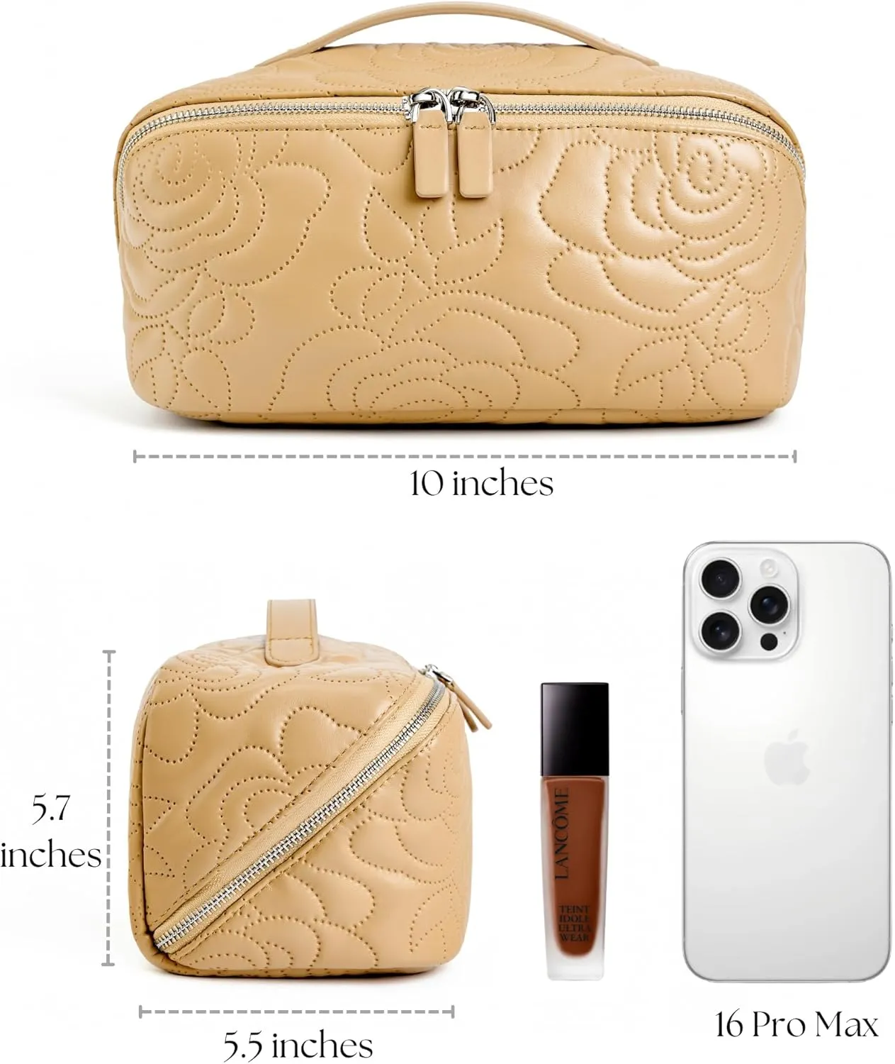 Popvibe Open Flat Makeup Bag Travel Cosmetic Case for Women, Large Capacity Toiletry Travel Bag with Zipper, Portable Aesthetic Floral Make Up Organizer Pouch with Dividers & Handle, Biscuit, Large