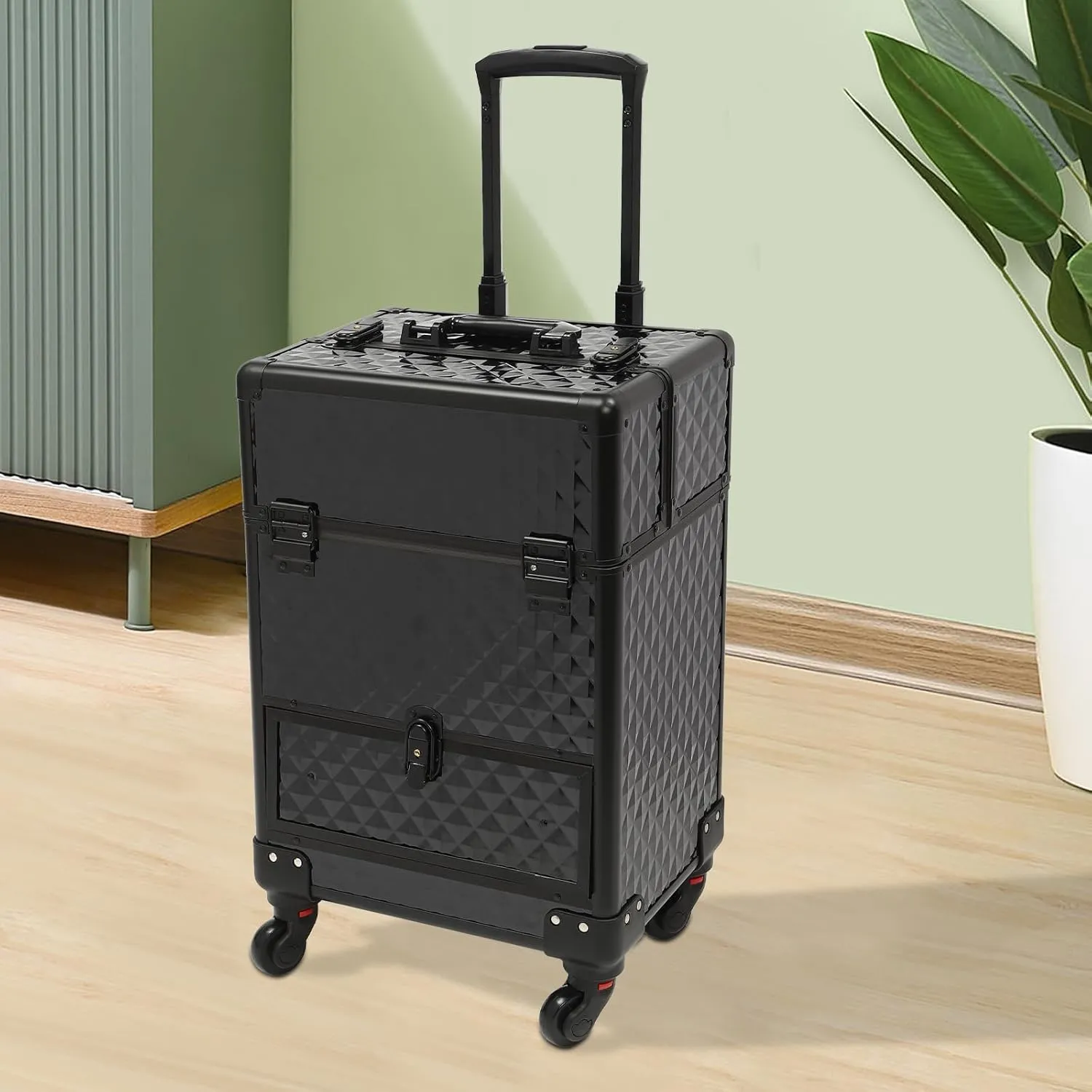 Portable Makeup Organizer Suitcase, Rolling Makeup Train Case with Drawer, Cosmetic Trolley Makeup Storage Organizer with 4 Wheels for Storing Tools or Daily Necessities (Black)