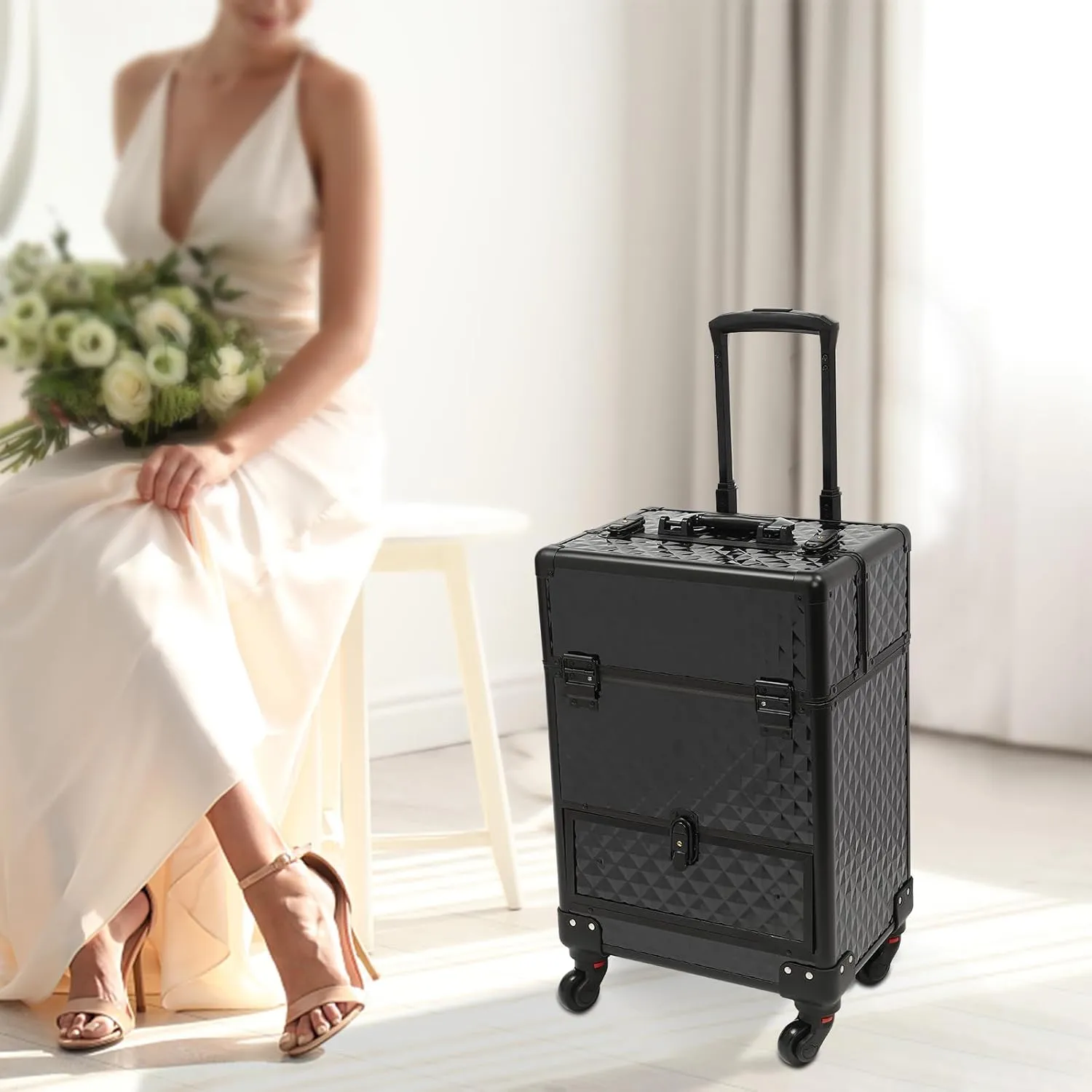 Portable Makeup Organizer Suitcase, Rolling Makeup Train Case with Drawer, Cosmetic Trolley Makeup Storage Organizer with 4 Wheels for Storing Tools or Daily Necessities (Black)