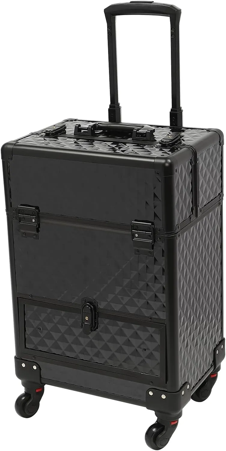 Portable Makeup Organizer Suitcase, Rolling Makeup Train Case with Drawer, Cosmetic Trolley Makeup Storage Organizer with 4 Wheels for Storing Tools or Daily Necessities (Black)