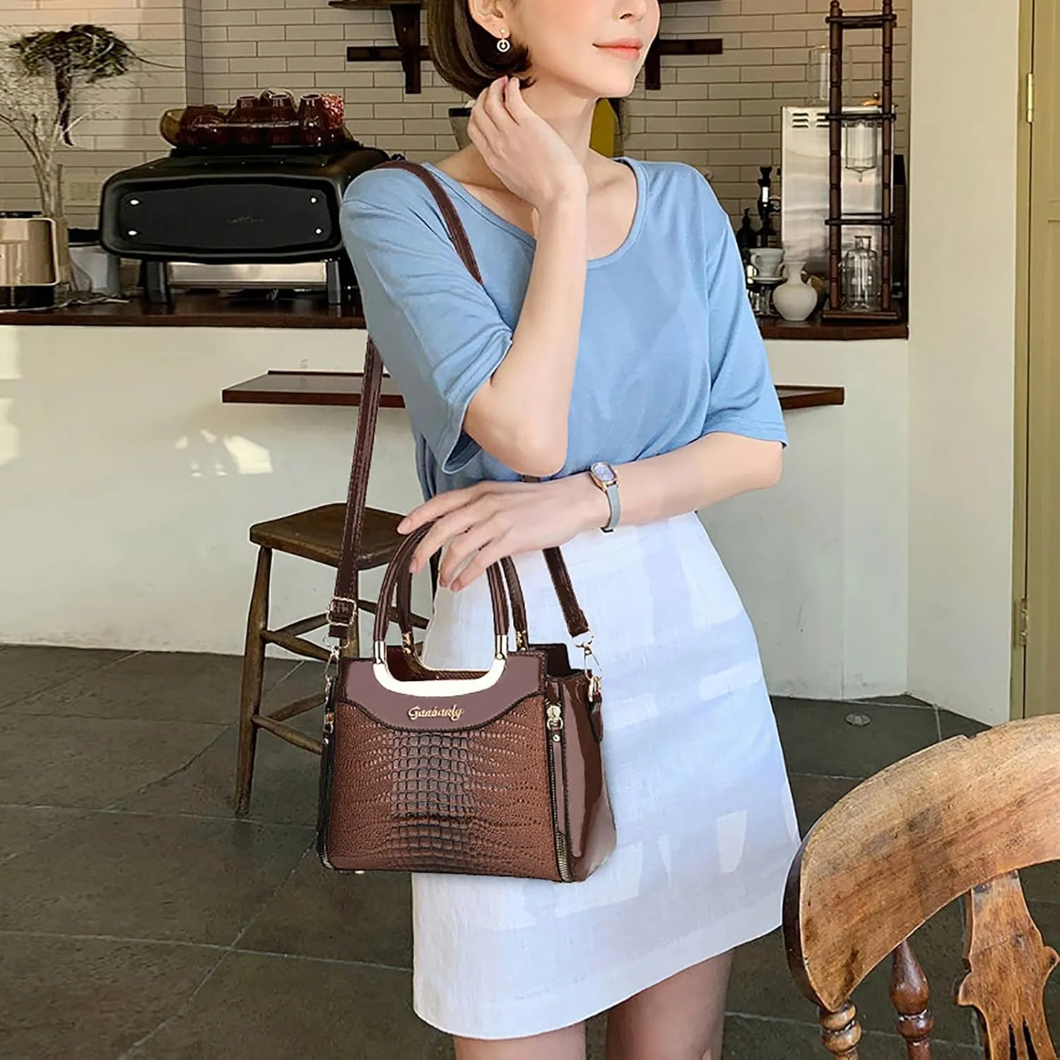 PORT&LOTUS Small Top Handle Crossbody Purses for Women Crocodile Pattern Shoulder Bags for Women