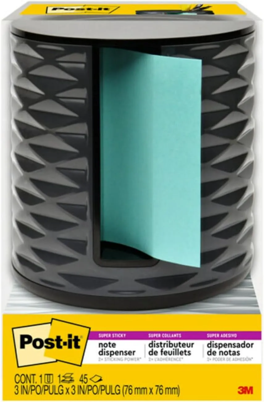 Post-it Note Dispenser, Vertical Design, Pop-Up Notes, Black with Grey Geometric Pattern, 1 Aqua Splash 3 in x 3 in Super Sticky Note Pad