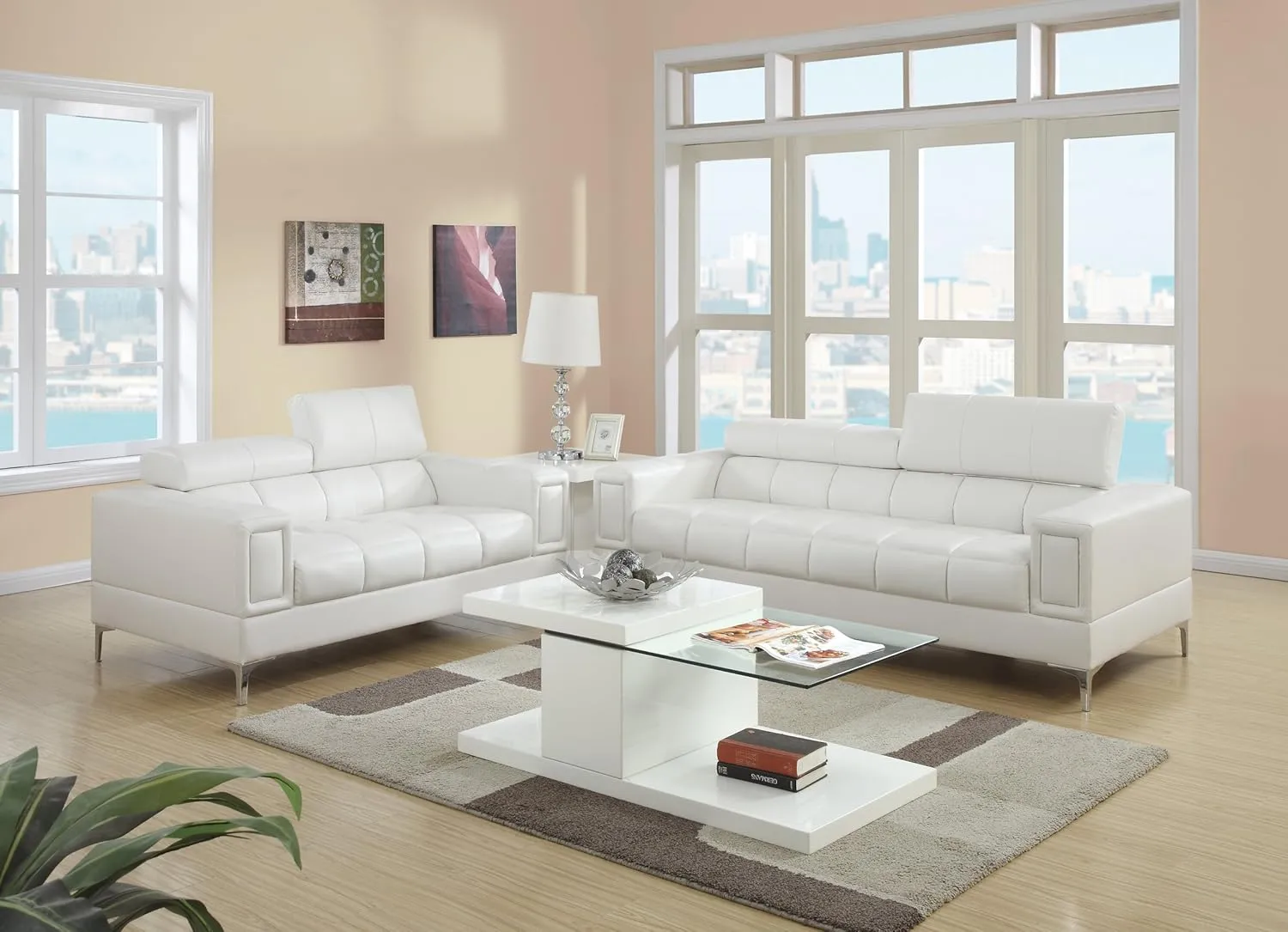 Poundex Bobkona Sierra Bonded Leather 2 Piece Sofa And Loveseat Set, White