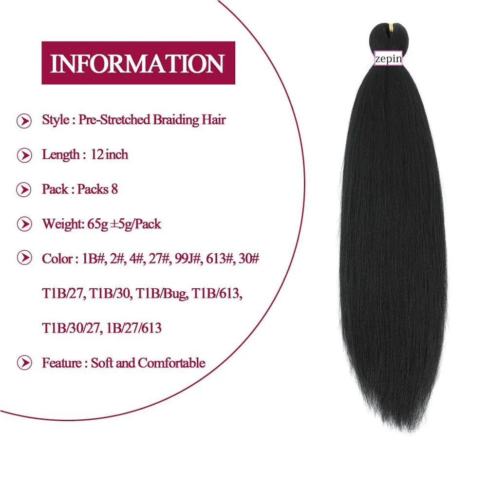 Pre Stretched Braiding Hair 12 Inch 8 Packs Professional Soft Yaki braiding Hair For Braids Hot Water Setting Synthetic Crochet Hair Extensions (12 Inch (Pack of 8), 1B)