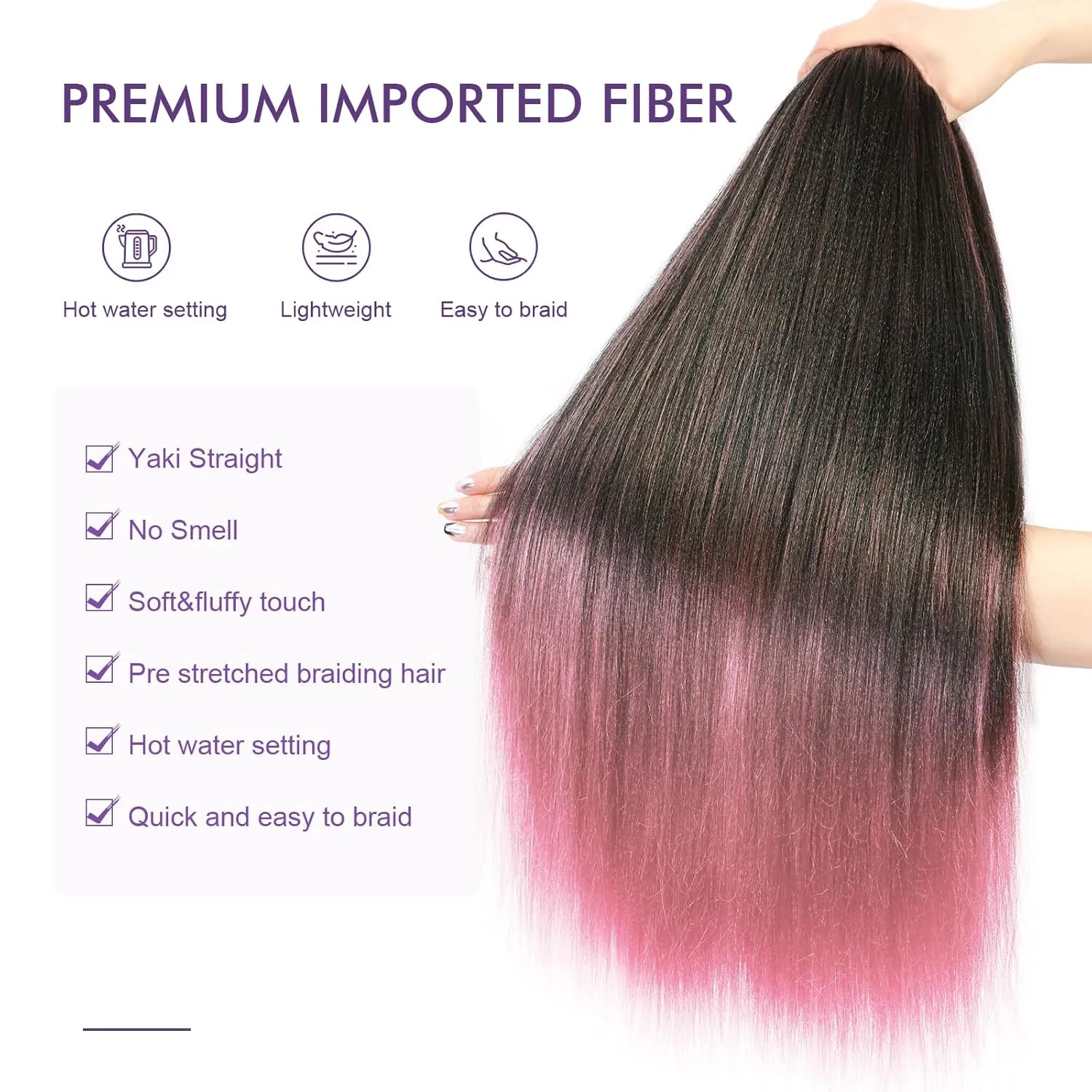 Pre-stretched Braiding Hair - 16 Inch 8 Packs Ombre Pink Braiding Hair For Twist or Box Braids, Yaki Texture Hot Water Setting Synthetic Braiding Hair Extensions (16 Inch, T-Pink-8P)