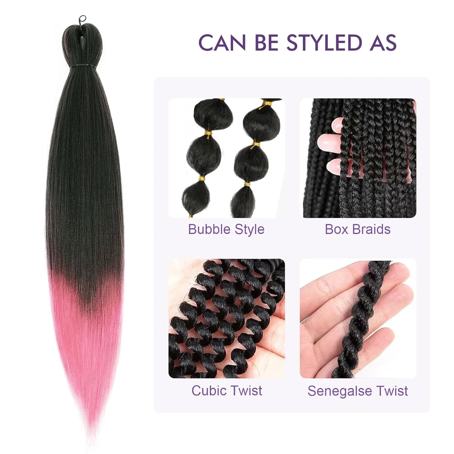 Pre-stretched Braiding Hair - 16 Inch 8 Packs Ombre Pink Braiding Hair For Twist or Box Braids, Yaki Texture Hot Water Setting Synthetic Braiding Hair Extensions (16 Inch, T-Pink-8P)