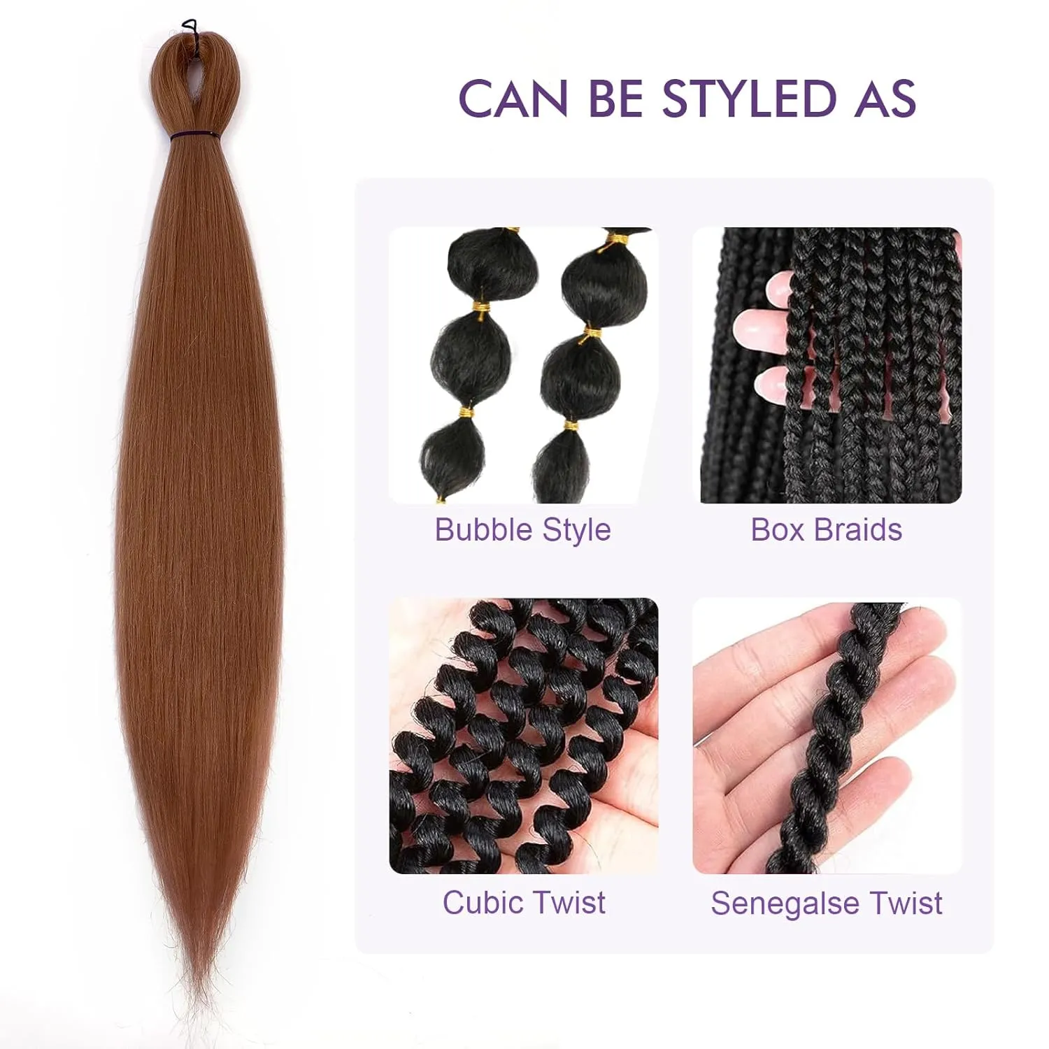 Pre-stretched Braiding Hair - 24 Inch 8 Packs Brown Braiding Hair For Twist or Box Braids, Yaki Texture Hot Water Setting Synthetic Braiding Hair Extensions (24 Inch,30#-8P)