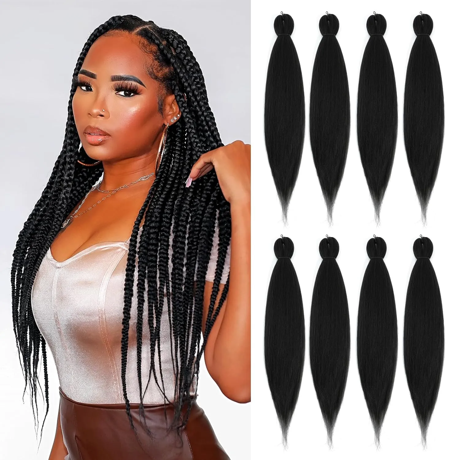 Pre-stretched Braiding Hair - 24 Inch 8 Packs Light Brown Long Braiding Hair For Twist or Box Braids, Yaki Texture Hot Water Setting Synthetic Braiding Hair Extensions (24 Inch, #4-8P)