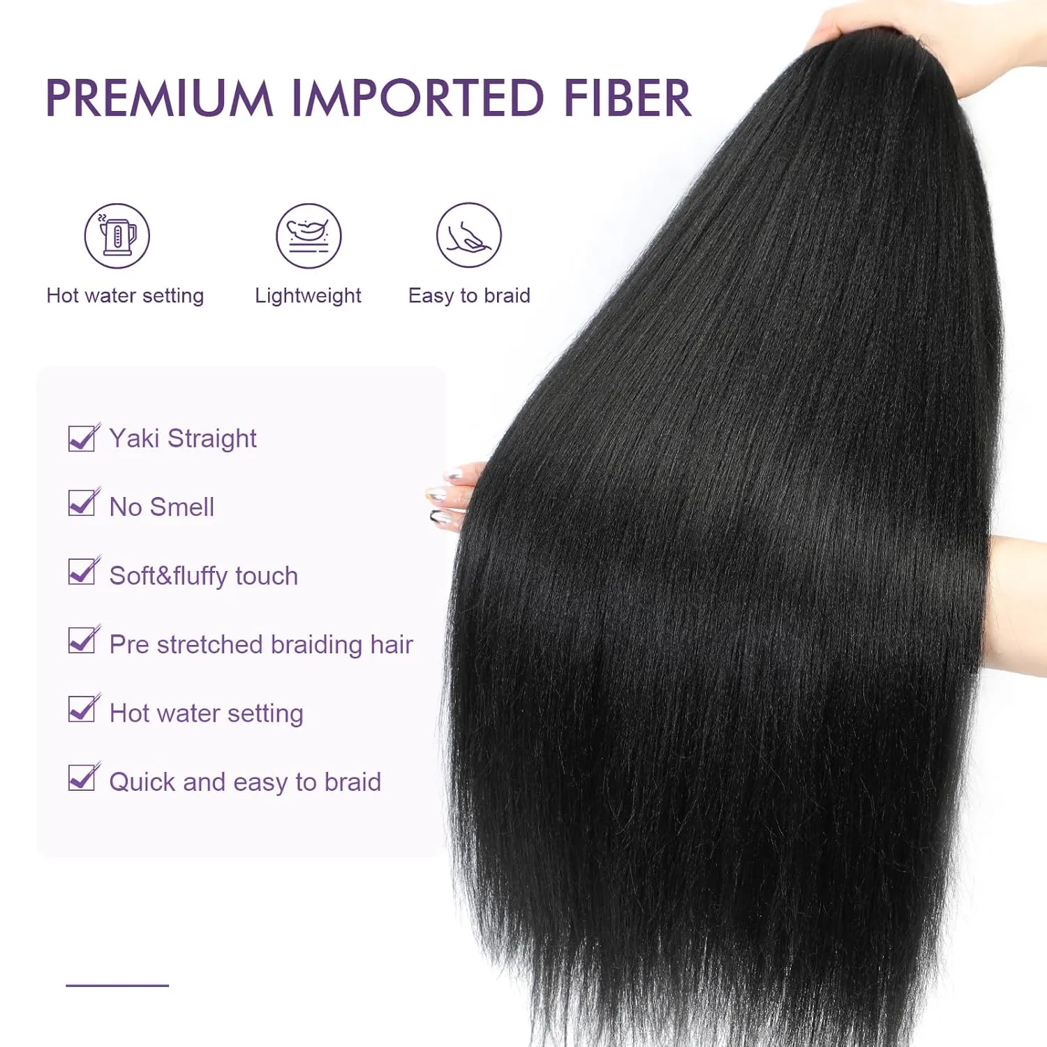 Pre-stretched Braiding Hair - 24 Inch 8 Packs Natural Black Long Braiding Hair For Twist or Box Braids, Yaki Texture Hot Water Setting Synthetic Braiding Hair Extensions (24 Inch, 1B-8P)