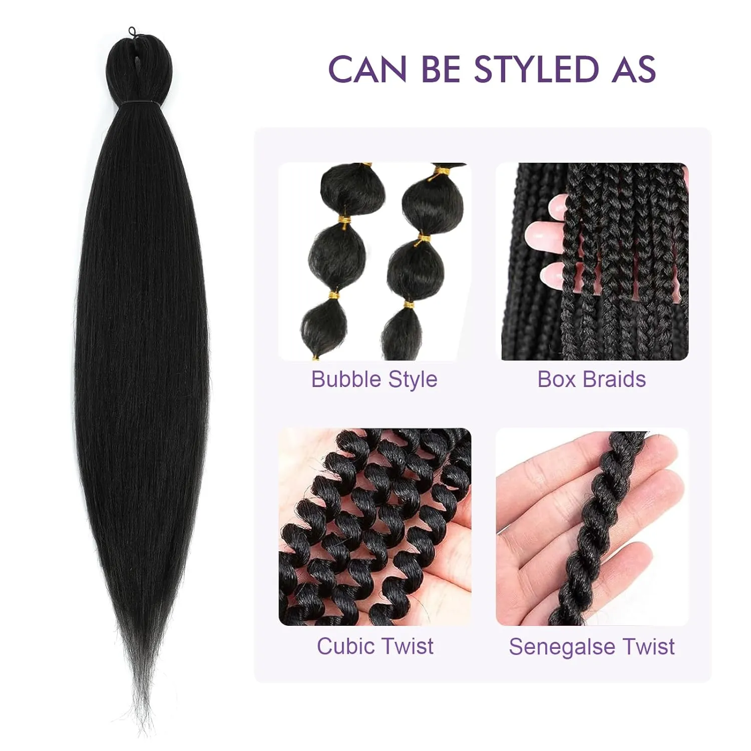 Pre-stretched Braiding Hair - 24 Inch 8 Packs Natural Black Long Braiding Hair For Twist or Box Braids, Yaki Texture Hot Water Setting Synthetic Braiding Hair Extensions (24 Inch, 1B-8P)