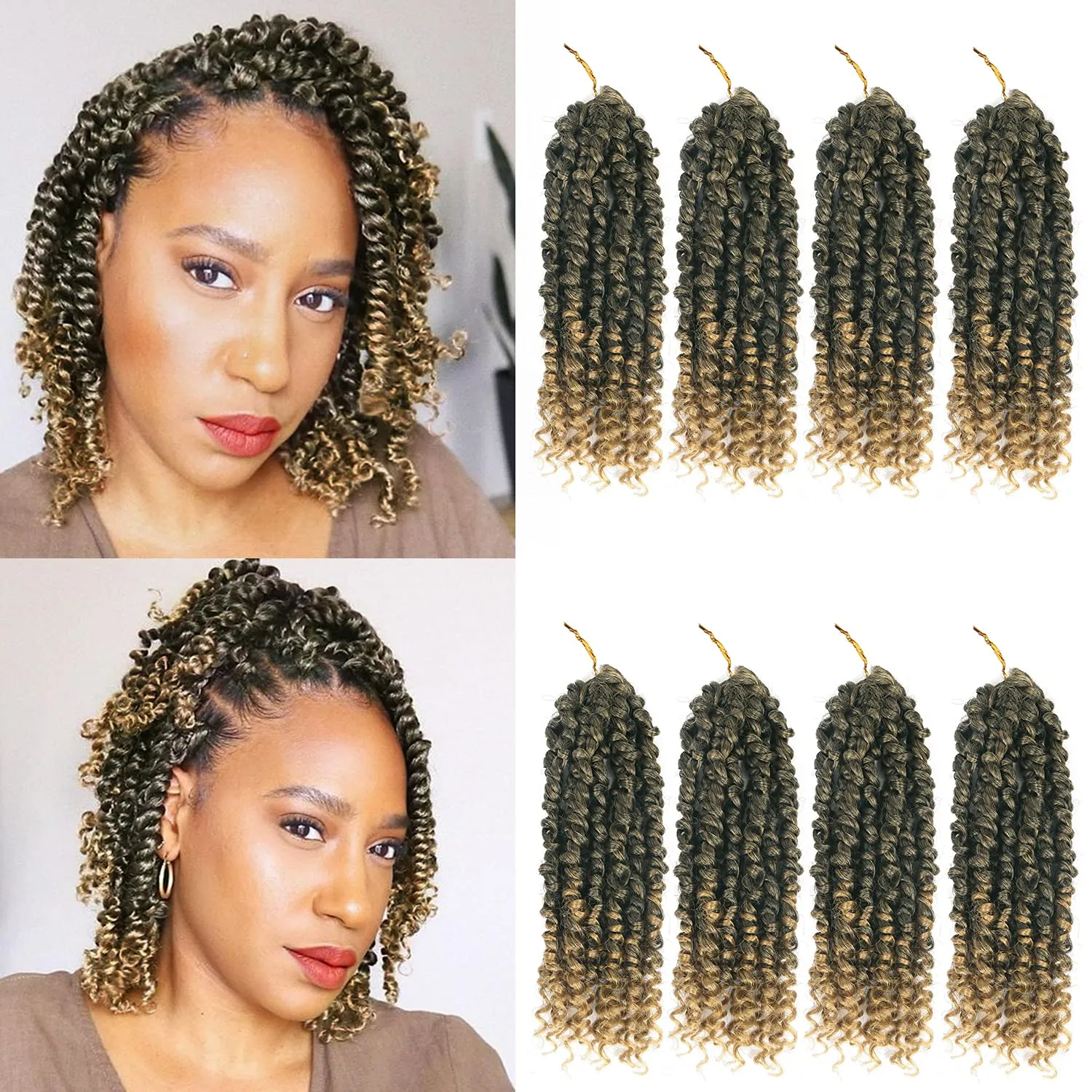 Pre-twisted Passion Twist Crochet Hair 10 Inch 8 Packs Crochet Passion Twists, Pre Looped Ombre Blonde Short Passion Twist Hair Crochet Braids Bohemian Crochet Hair T27